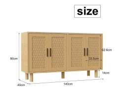 Aparador de mimbre con 4 puertas y estantes regulables - 80 x 40 x 140 cm - Roble
