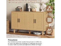 Aparador de mimbre con 4 puertas y estantes regulables - 80 x 40 x 140 cm - Roble