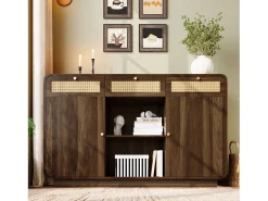 Aparador de nogal - 120 x 40 x 85 cm - con 3 cajones de ratán + 2 puertas + estante abierto - MDF + aglomerado - marrón