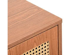Aparador de nogal con 3 puertas de ratán, tiradores y patas de metal - para salón o dormitorio