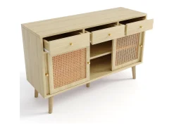 Aparador de ratán - Aparador de roble con 3 cajones y 3 puertas correderas - tiradores de metal - patas de madera