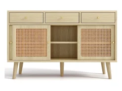 Aparador de ratán - Aparador de roble con 3 cajones y 3 puertas correderas - tiradores de metal - patas de madera