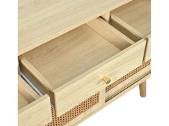 Aparador de ratán - Aparador de roble con 3 cajones y 3 puertas correderas - tiradores de metal - patas de madera