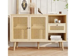 Aparador de ratán - Aparador de roble con 1 cajón y 2 puertas - estantes regulables - patas de madera