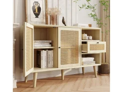 Aparador de ratán - Aparador de roble con 1 cajón y 2 puertas - estantes regulables - patas de madera