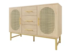Aparador de ratán, 3 cajones y 2 puertas en ratán, diseño moderno, madera, blanco, con estantes regulables (120x40x74 cm)