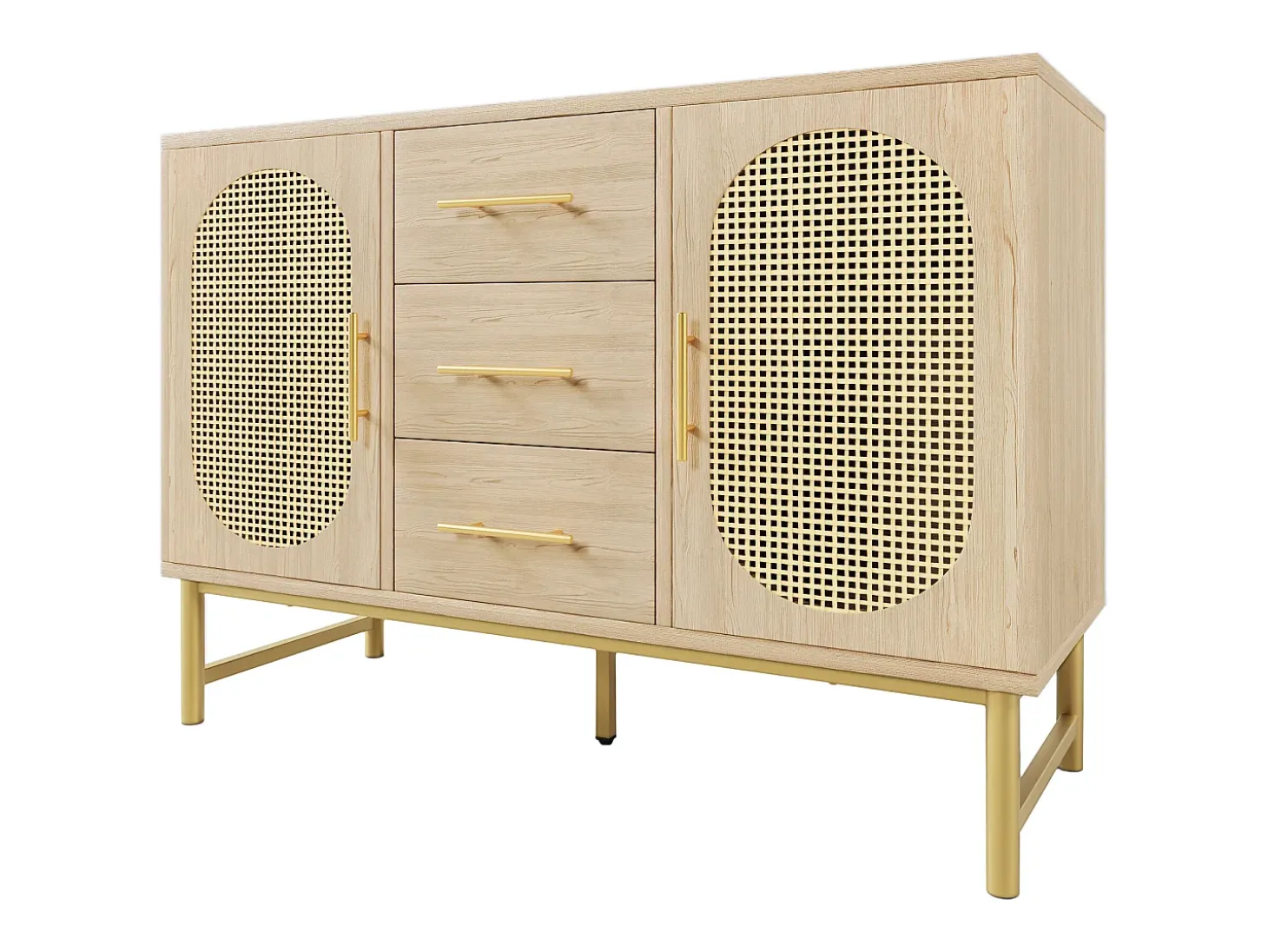 Aparador de ratán, 3 cajones y 2 puertas en ratán, diseño moderno, madera, blanco, con estantes regulables (120x40x74 cm)