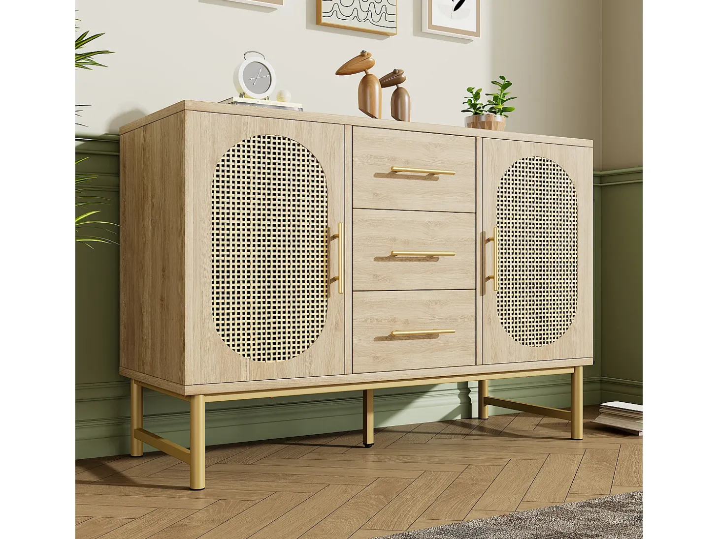 Aparador de ratán, 3 cajones y 2 puertas en ratán, diseño moderno, madera, blanco, con estantes regulables (120x40x74 cm)
