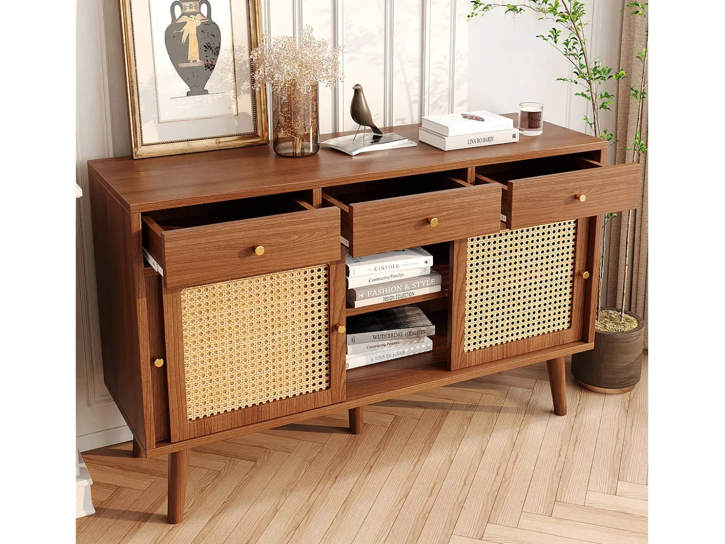 Aparador de ratán con 3 cajones y 3 puertas - Estantes ajustables - Madera - Nogal (120x40x78cm)