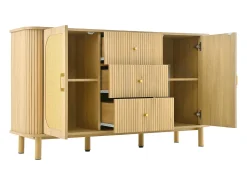 Aparador de ratán con cajones, con patas de metal imitación madera, diseño curvo, 140 x 40 x 80 cm