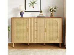 Aparador de ratán con cajones, con patas de metal imitación madera, diseño curvo, 140 x 40 x 80 cm
