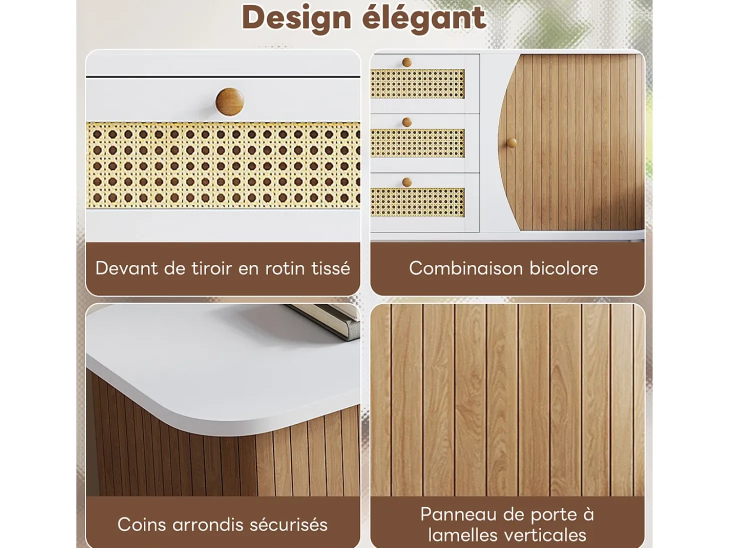 Aparador de ratán con cajones - 3 cajones y 2 puertas - tapa curva - 140 x 40 x 76 cm