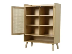 Aparador de ratán con puertas y estantes, patas y tiradores de madera maciza, 80 x 35 x 105 cm