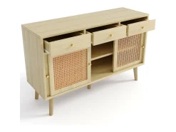 Aparador de ratán 120x40x78cm, con 3 cajones y 3 puertas correderas, patas de madera maciza, tirador de metal dorado, estantes regulables