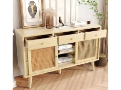 Aparador de ratán 120x40x78cm, con 3 cajones y 3 puertas correderas, patas de madera maciza, tirador de metal dorado, estantes regulables