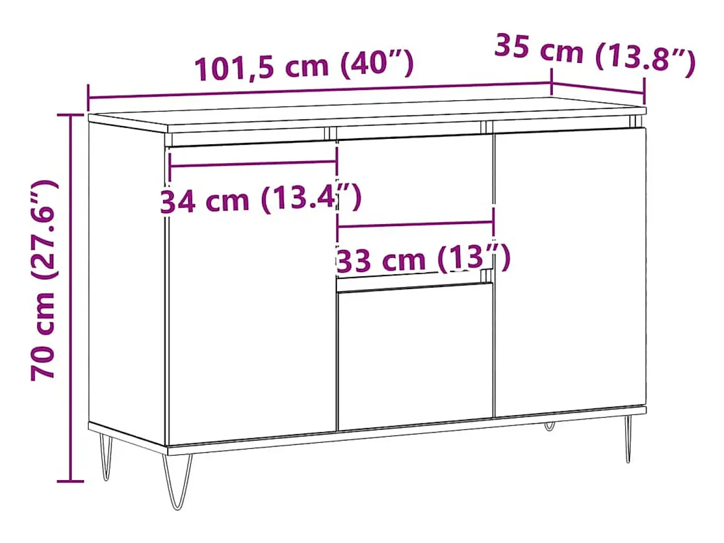 Aparador de roble artesanal 104x35x70 cm madera de ingeniería