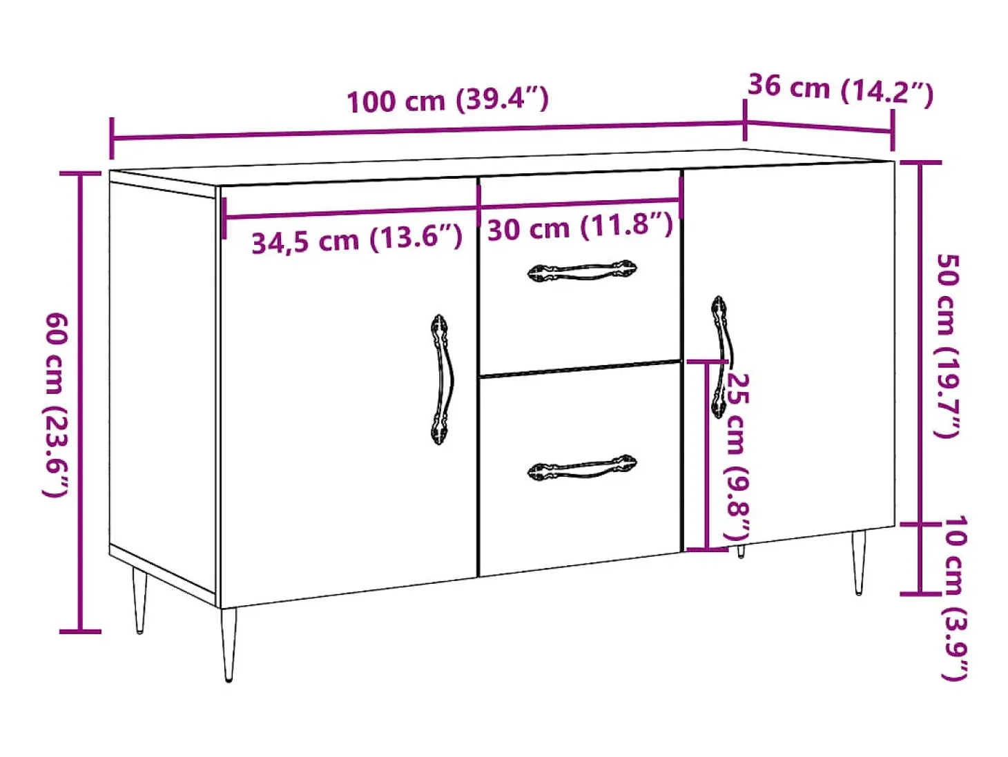 Aparador de roble artesanal 100x36x60 cm madera de ingeniería