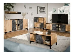 Aparador de roble y hormigón de 90 cm con 4 puertas Ludwig