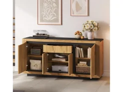 Aparador de salón - 140 x 38,5 x 52 cm - con 4 puertas + 1 cajón - MDF - acabado madera y negro