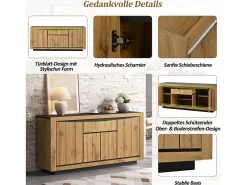 Aparador de salón - 140 x 38,5 x 52 cm - con 4 puertas + 1 cajón - MDF - acabado madera y negro