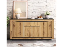 Aparador de salón - 140 x 38,5 x 52 cm - con 4 puertas + 1 cajón - MDF - acabado madera y negro