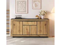 Aparador de salón - 140 x 38,5 x 52 cm - con 4 puertas + 1 cajón - MDF - acabado madera y negro