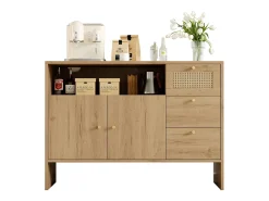 Aparador de salón - 105 x 40 x 76 cm - con 2 puertas + 3 cajones + tiradores de ratán dorado - tablero de partículas - natural