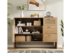 Aparador de salón - 105 x 40 x 76 cm - con 2 puertas + 3 cajones + tiradores de ratán dorado - tablero de partículas - natural
