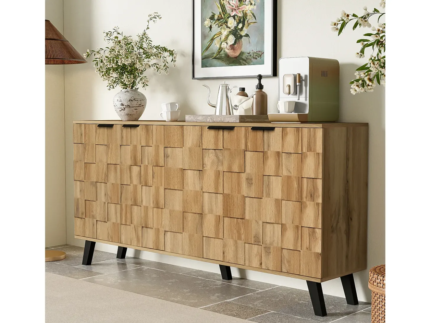 Aparador de salón con 4 puertas, Mueble de salón con patas de PVC