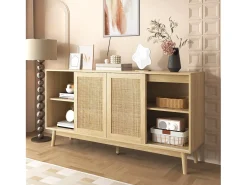Aparador de salón con 3 puertas correderas de ratán auténtico y 2 cajones, mueble de almacenaje, madera