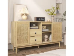 Aparador de salón con 3 puertas correderas de ratán auténtico y 2 cajones, mueble de almacenaje, madera