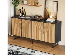 Aparador de salón con acabado en madera natural - 160 x 40 x 75 cm - con 4 puertas + 3 patas - aglomerado - natural