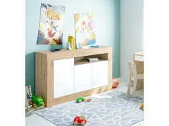 Aparador de salón de 87x144x42 cm con 3 puertas batientes en color blanco y beige Kento