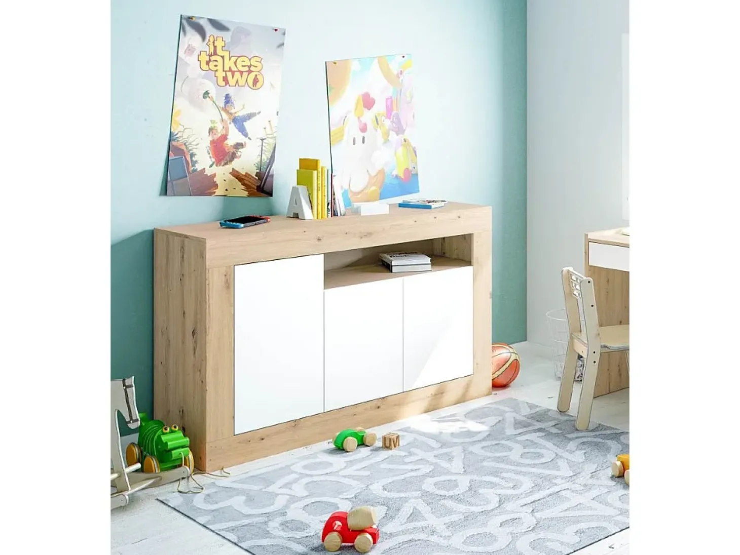Aparador de salón de 87x144x42 cm con 3 puertas batientes en color blanco y beige Kento