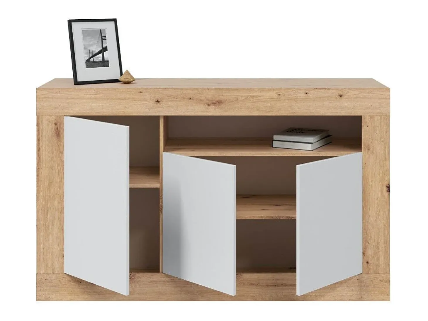 Aparador de salón de 87x144x42 cm con 3 puertas batientes en color blanco y beige Kento