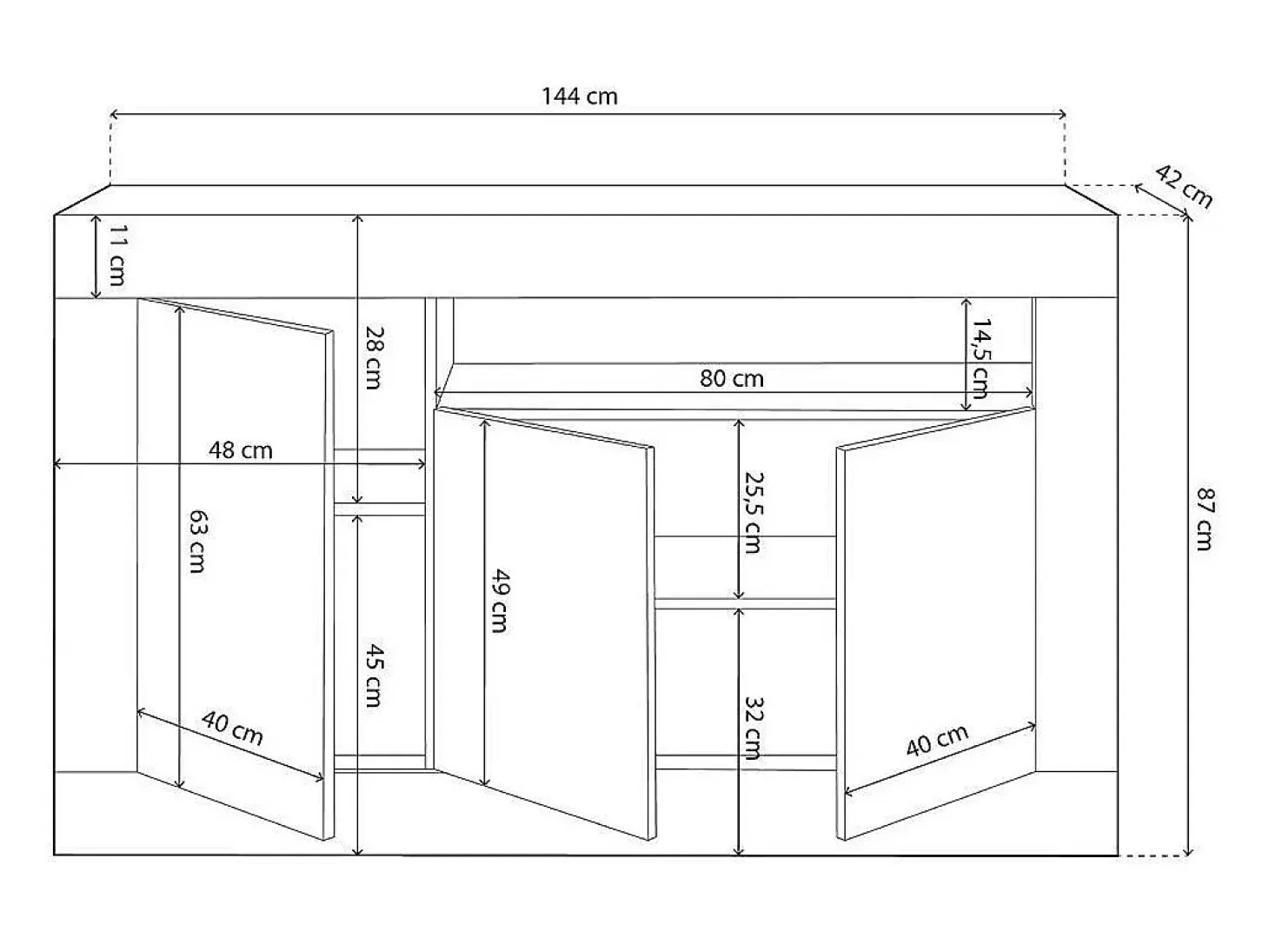 Aparador de salón de 87x144x42 cm con 3 puertas batientes en color blanco y beige Kento