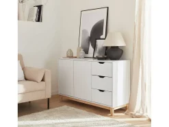 Aparador efecto madera con patas de madera 2 puertas, 120cm blanco