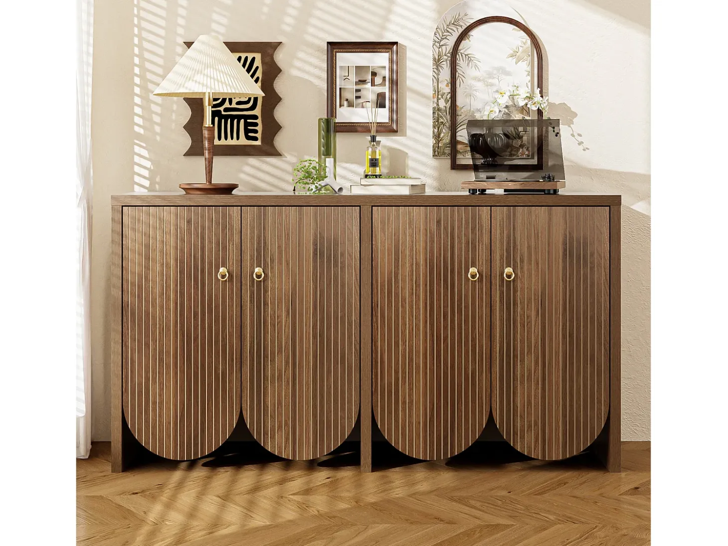 Aparador efecto nogal 147 × 40 × 80 cm - Mueble con 4 puertas - para salón, comedor y recibidor