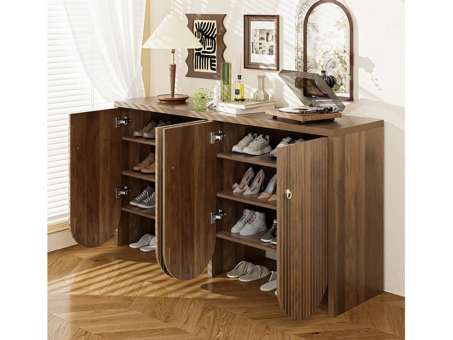 Aparador efecto nogal 147 × 40 × 80 cm - Mueble con 4 puertas - para salón, comedor y recibidor