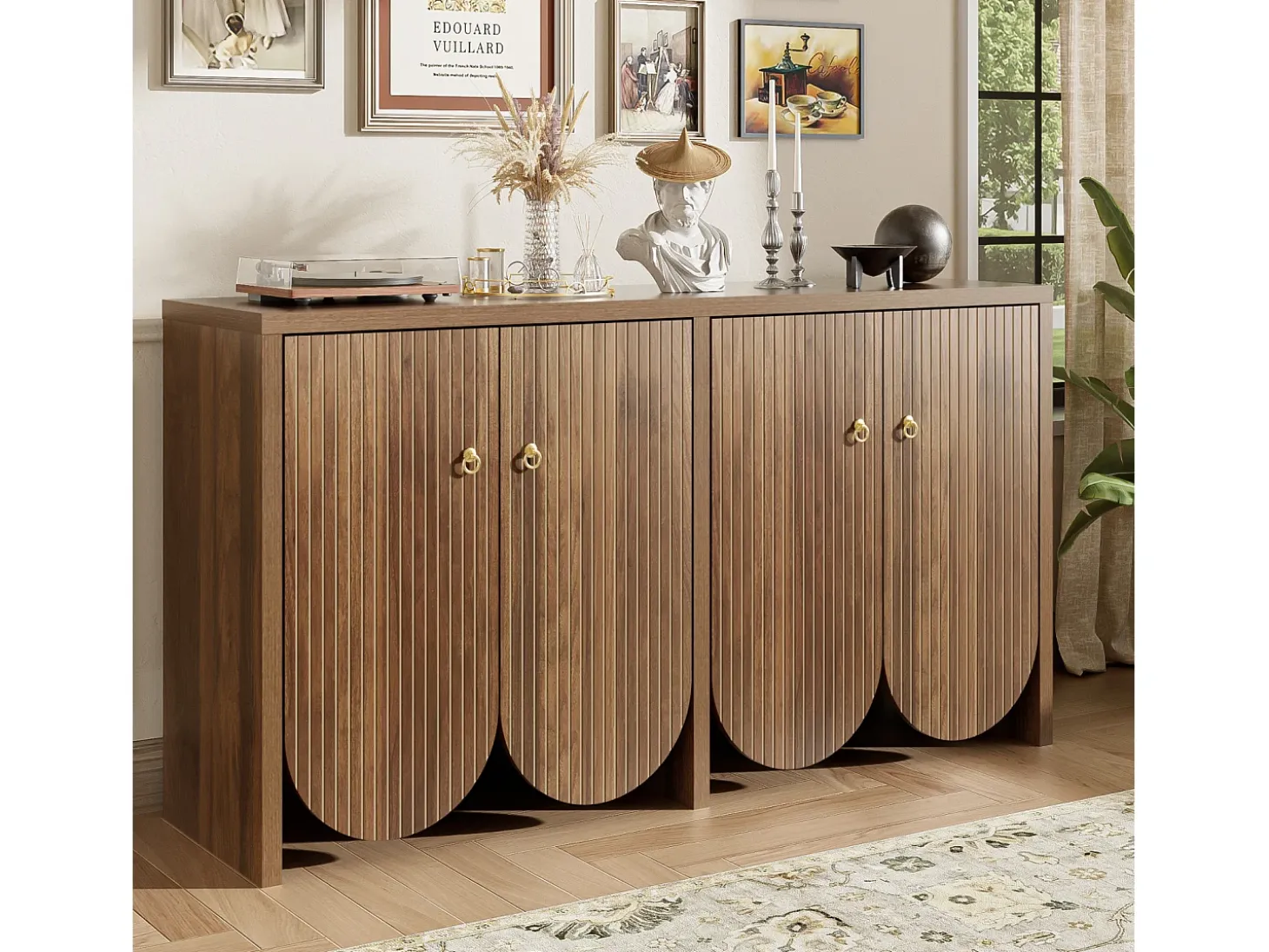 Aparador efecto nogal 147 × 40 × 80 cm - Mueble con 4 puertas - para salón, comedor y recibidor