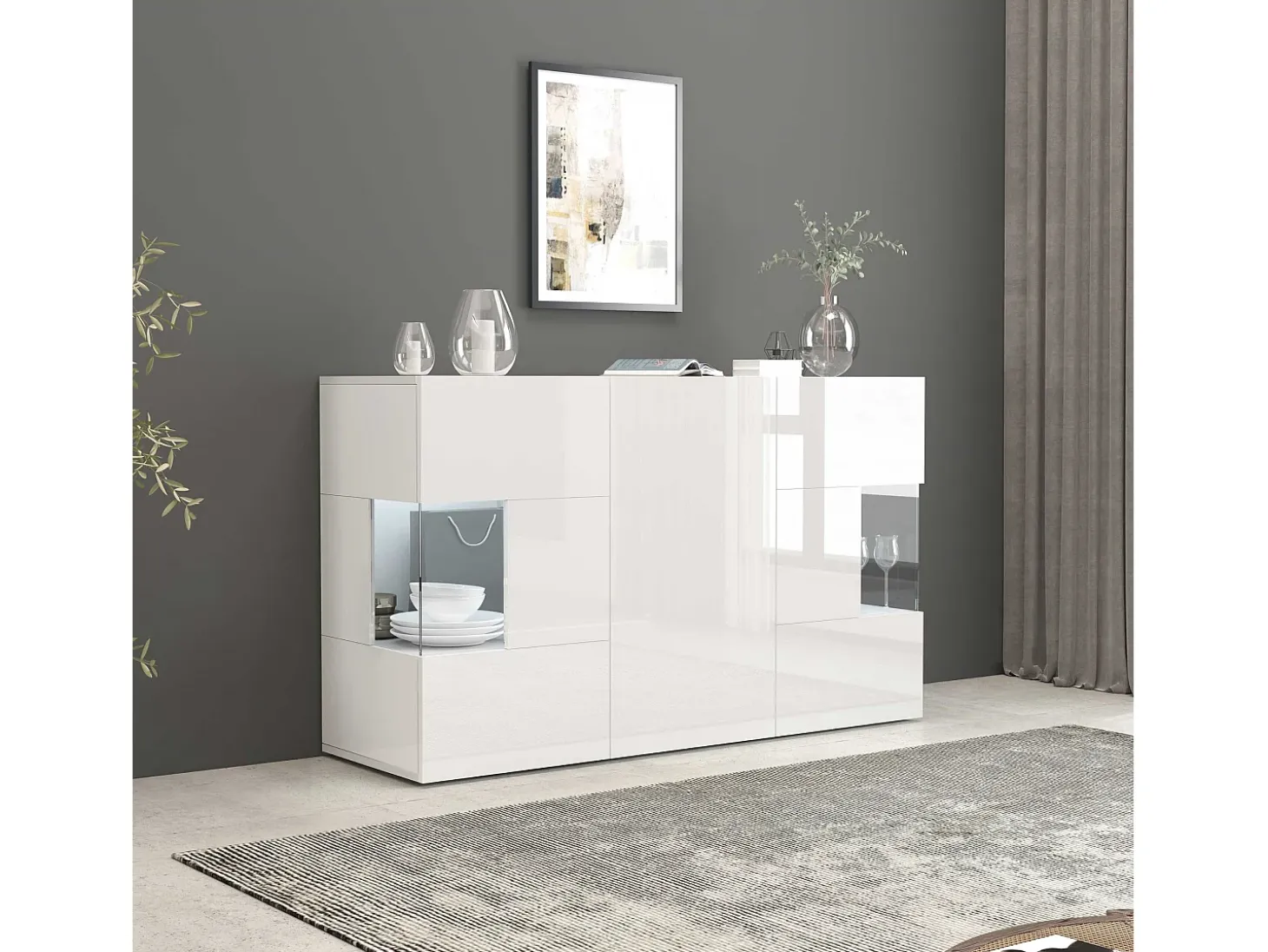 Aparador Egypt con 3 puertas con inserciones de cristal expositor blanco brillo 135x40x80 cm