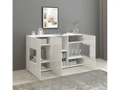 Aparador Egypt con 3 puertas con inserciones de cristal expositor blanco brillo 135x40x80 cm