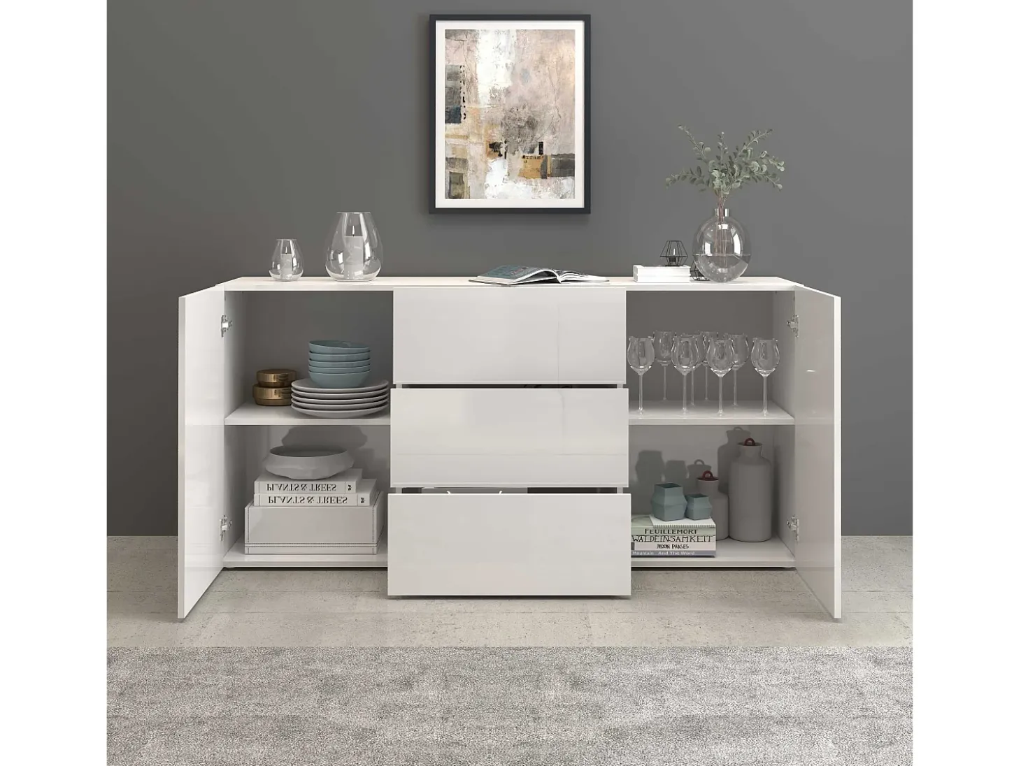 Aparador Egypt con 2 puertas y 3 cajones blanco brillo 160x40x80 cm