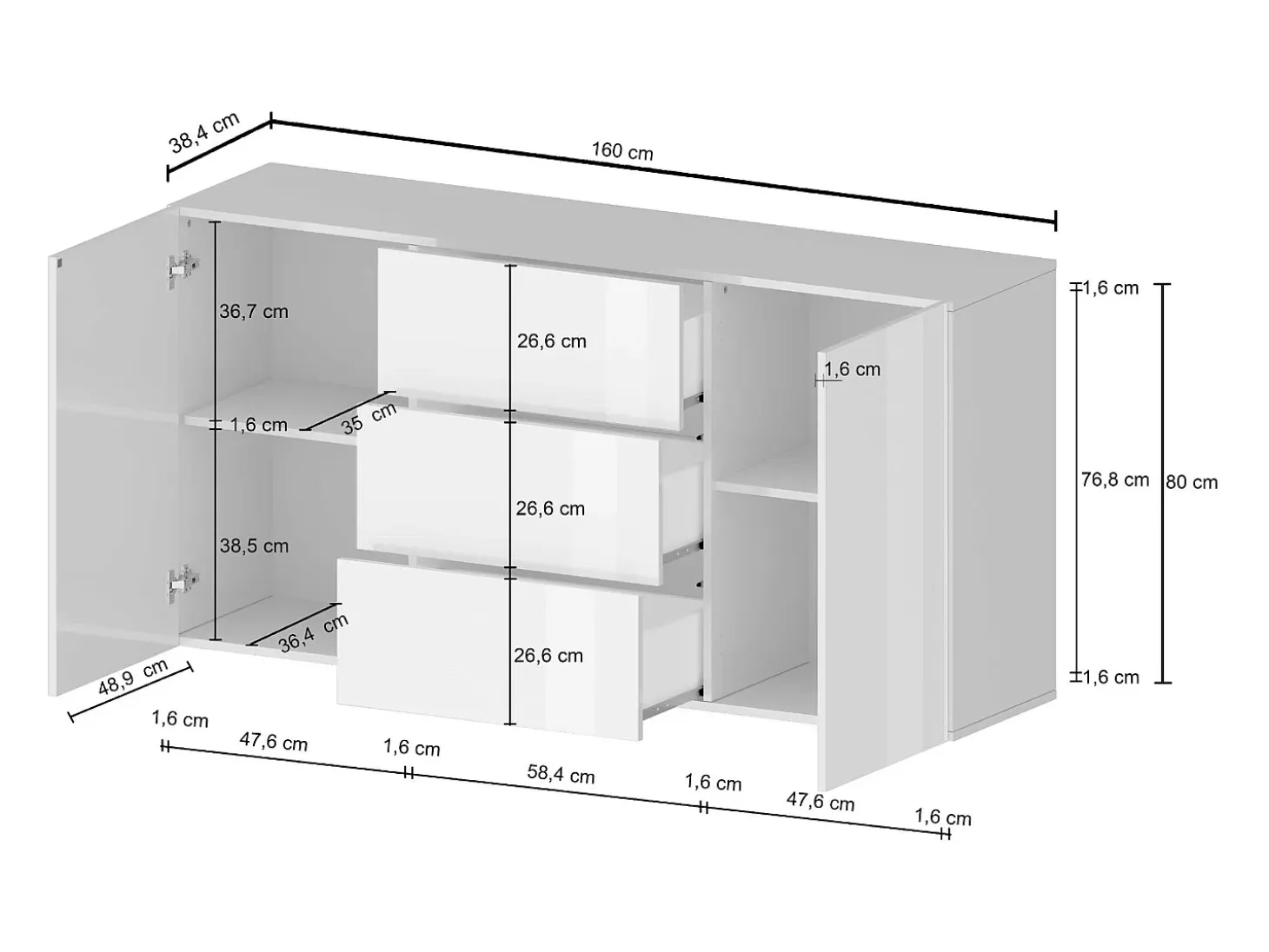 Aparador Egypt con 2 puertas y 3 cajones blanco brillo 160x40x80 cm