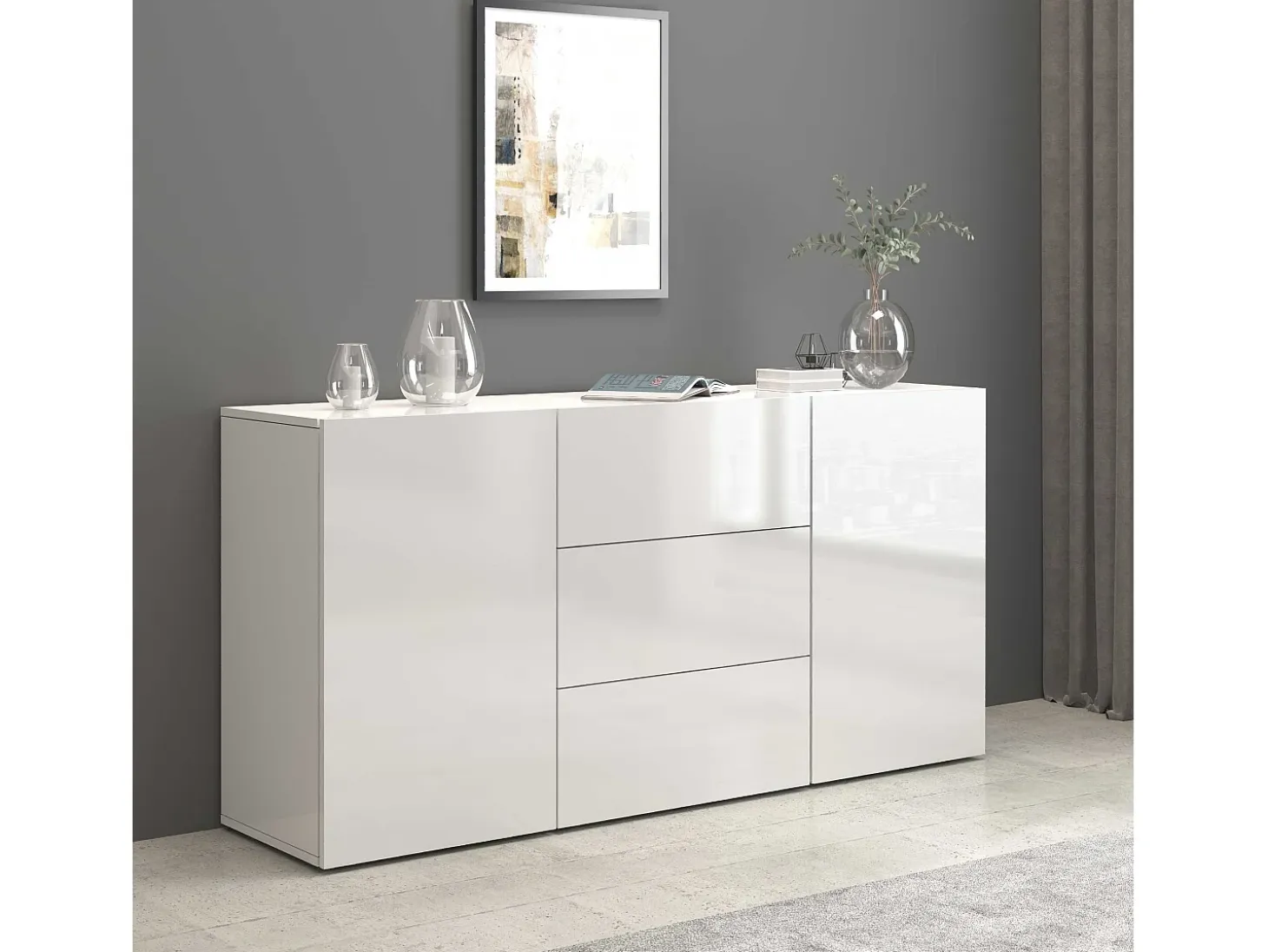 Aparador Egypt con 2 puertas y 3 cajones blanco brillo 160x40x80 cm