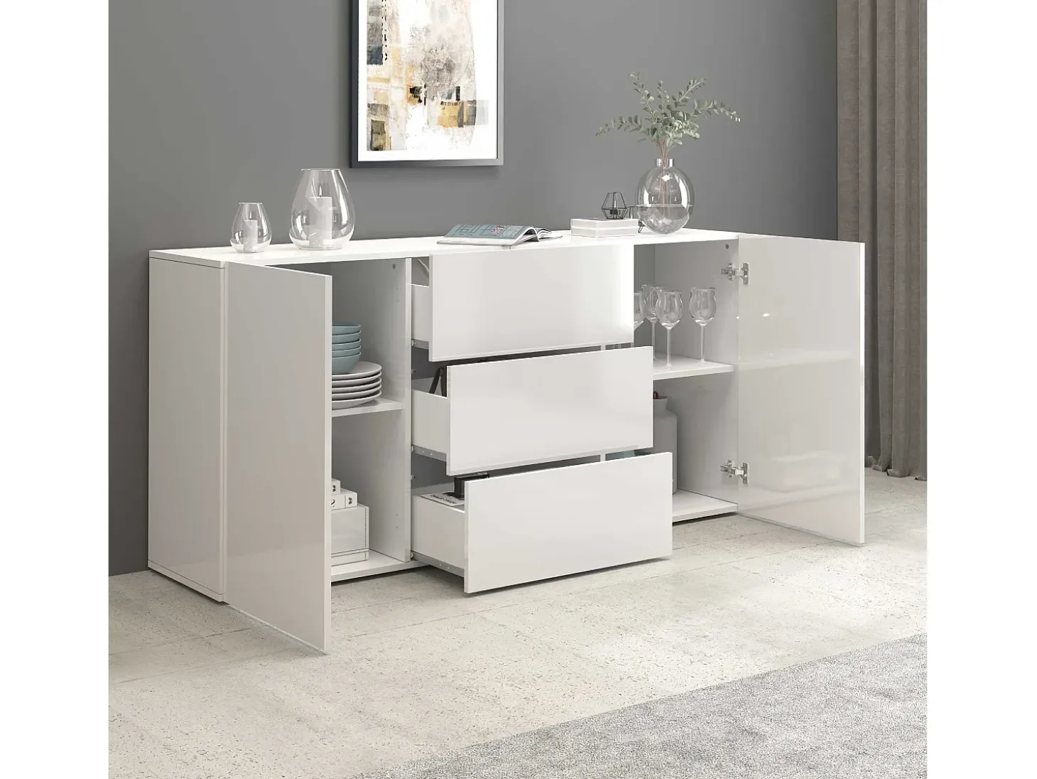 Aparador Egypt con 2 puertas y 3 cajones blanco brillo 160x40x80 cm