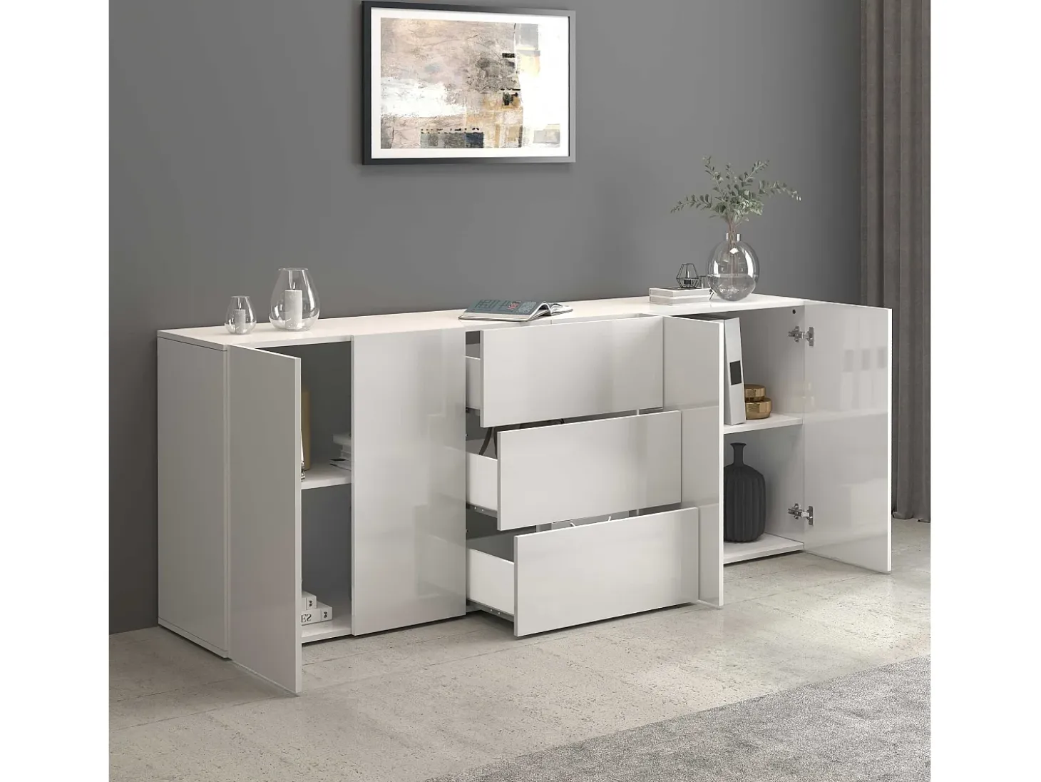 Aparador Egypt con 4 puertas y 3 cajones blanco brillo 200x40x80 cm