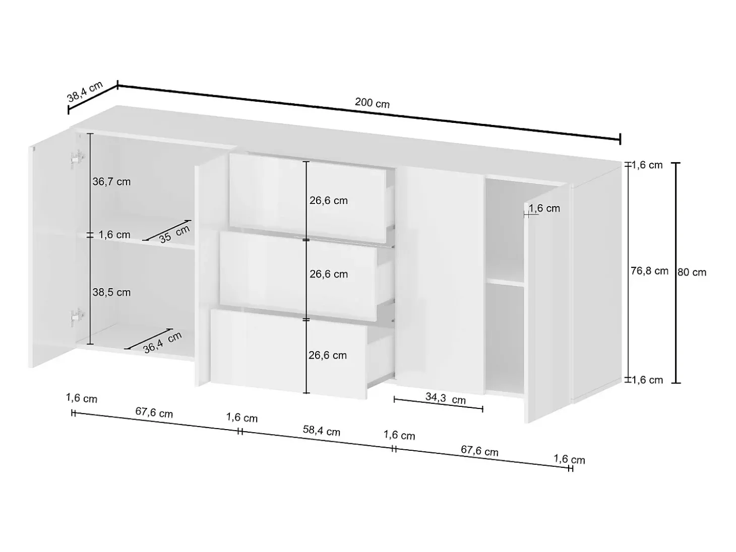 Aparador Egypt con 4 puertas y 3 cajones blanco brillo 200x40x80 cm