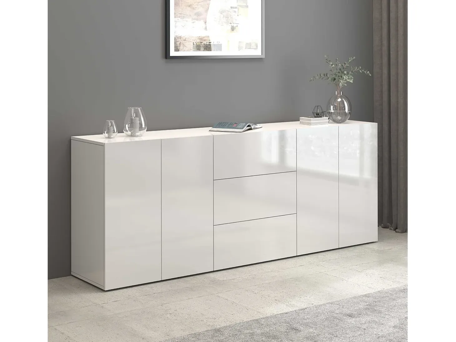 Aparador Egypt con 4 puertas y 3 cajones blanco brillo 200x40x80 cm