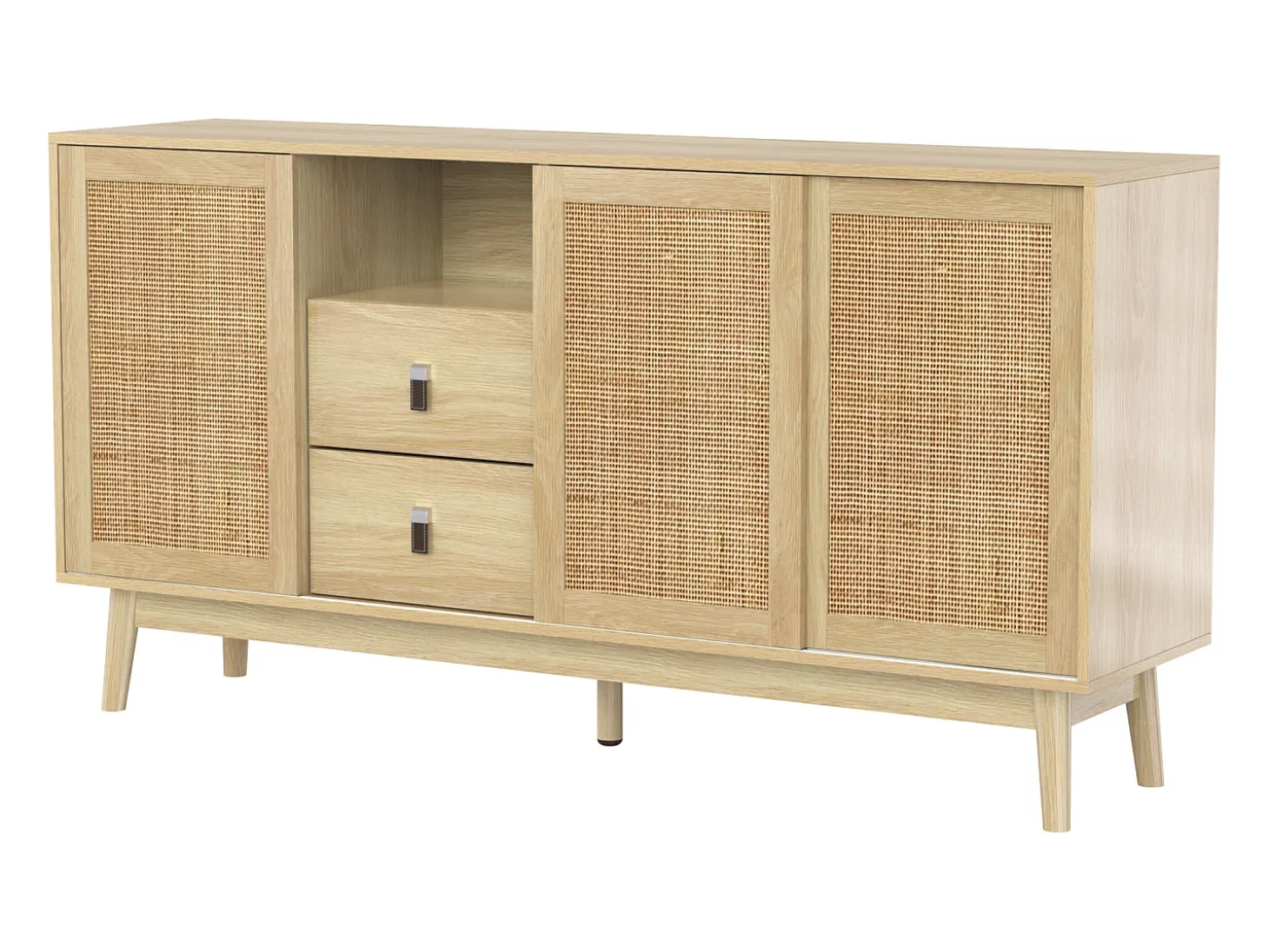 Aparador elegante - aparador bajo con 3 puertas de ratán y 2 cajones - patas de madera - para salón y dormitorio